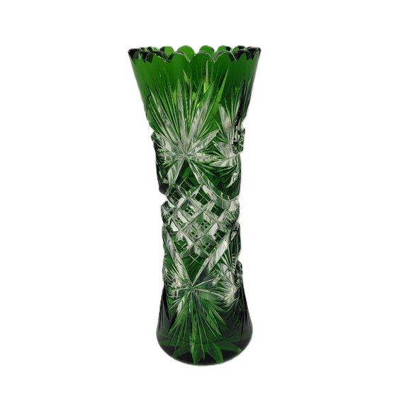 Vintage German Emerald Green Cut-to-Clear Crystal Tapered Vase | 1950s-60s - Picture 2 of 8